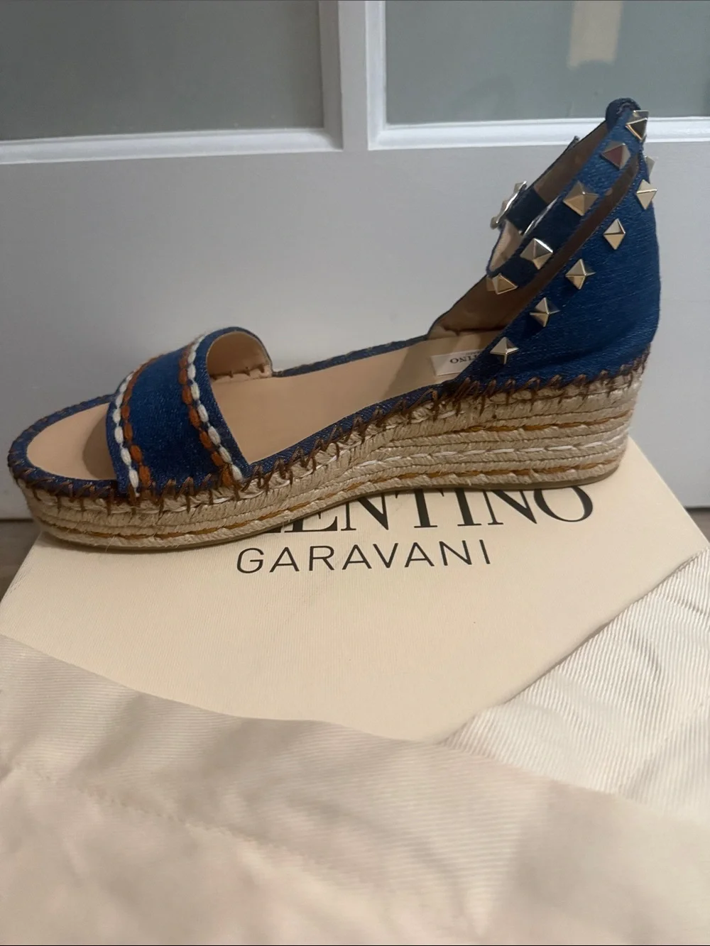 Valentino Denim Blue Espadrille Wedge Sandals with Studded Ankle Strap